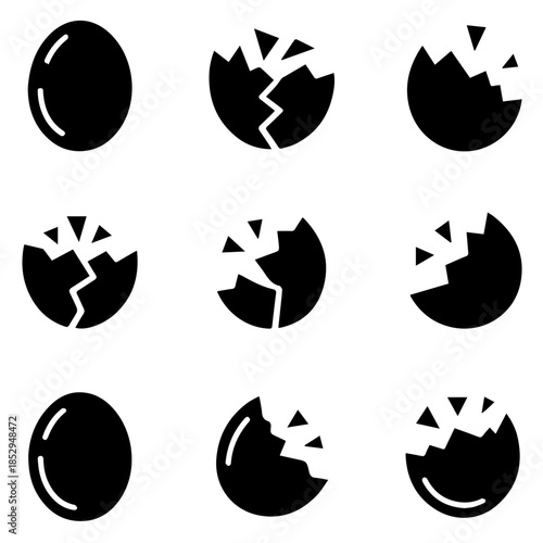 Broken Egg Icons – Cracked Eggshell Symbols Isolated on White