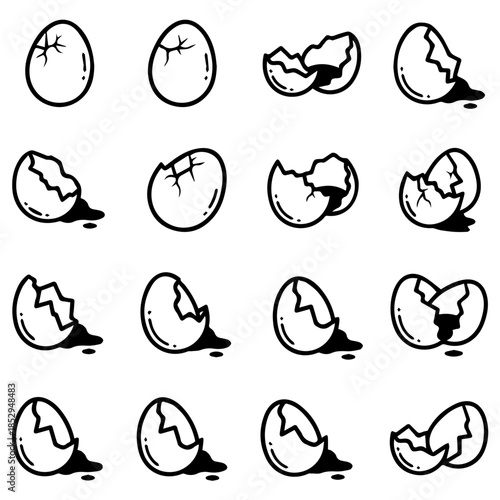 Broken Egg Icons – Cracked Eggshell Symbols Isolated on White