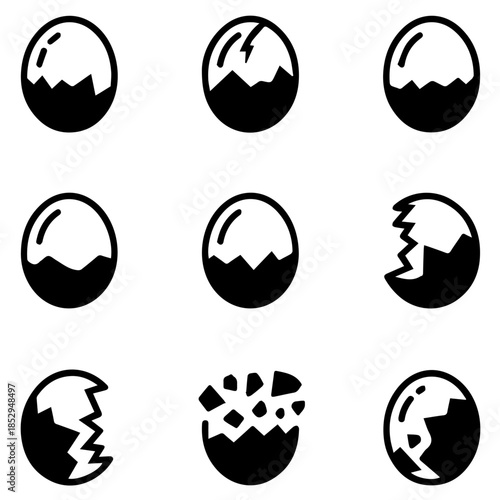 Broken Eggshell Icons Set – Cracked Eggs Symbols Isolated on White Background