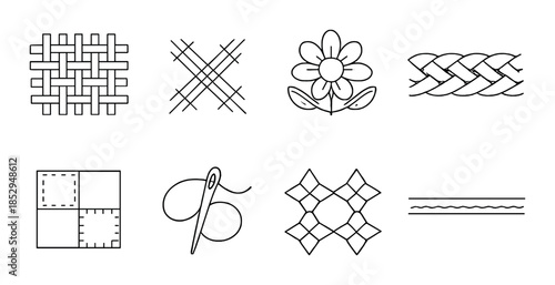 Eight craft and sewing icons featuring patterns, needlework, and textiles