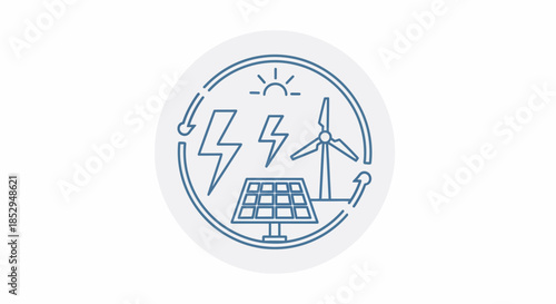 Renewable energy cycle icon with sun, wind turbine, and solar panel.