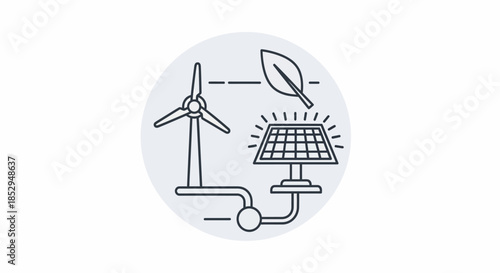 Line art icon of renewable energy with wind turbine and solar panel.