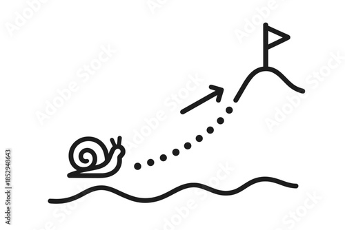 Snail Trail Progression. Line style icons of a snail trail marking progress: curved dotted path, small snail icon, progress