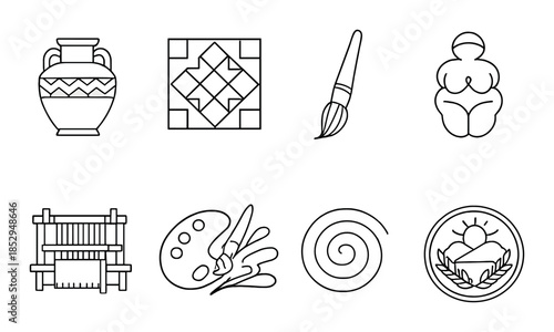 Ancient artifacts and craft tools icons on gradient background