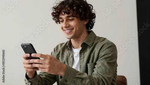 Young man smiling and texting with mobile phone