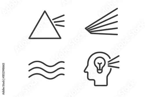 Prism Dispersion Icons. Line style icons of prism creating understanding spectra: triangular prism, dispersed color rays, layered