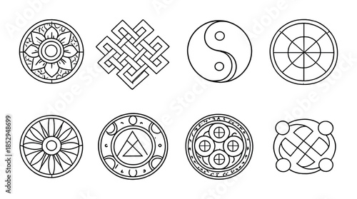 Collection of eight distinct geometric symbol designs with cultural significance