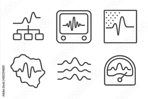 Past Wave Analyzers Icons. Line style icons of past wave analyzers: temporal flow chart, resonance meter, fading-to-bright pattern