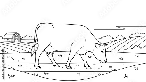 Grazing Cow Farm Animal Coloring Page with Natural Line Art for Kids Worksheet