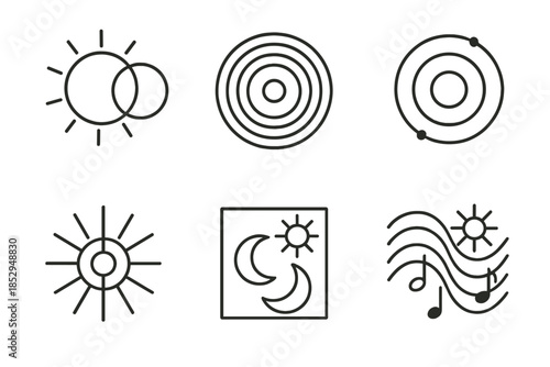 Eclipse Iconography. Line style icons of eclipse composition devices: sun-moon overlay circle, tonal frequency ring, harmonic