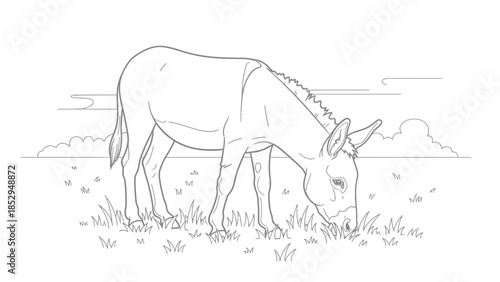 Grazing Donkey Farm Animal Coloring Page with Natural Line Art for Kids Worksheet
