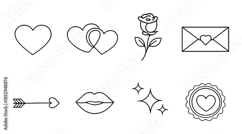 Heart and love-themed icons: hearts, roses, envelopes, arrows, and stars on gradient background
