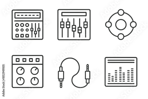 Virtual Audio Interface. Line style icons of virtual mixing environments: multi-layer console, digital fader board, surround sound