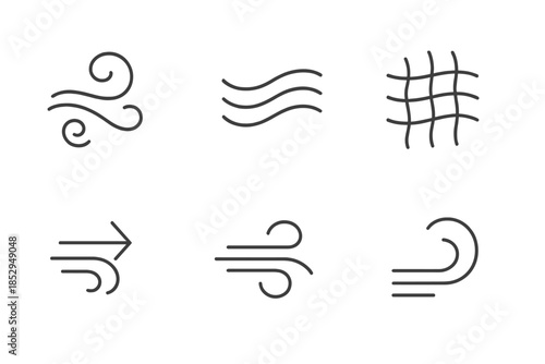 Breeze-Inspired Line Icons. Line style icons of breeze-inspired transitions: airy swirl pattern, flowing movement wave, subtle