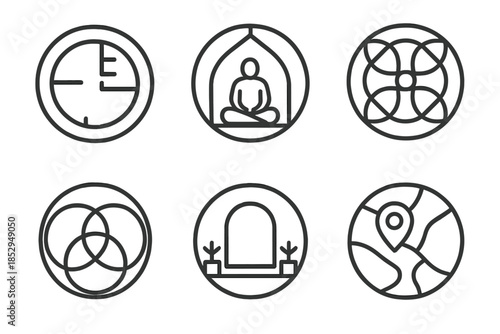 Peaceful Sanctuary Blueprints. Line style icons of peace sanctuary architects: circular refuge plan, meditative dome layout, soft
