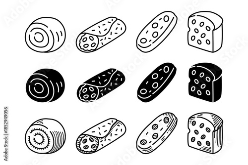 Cannoli, Biscotti, Zeppole and Panettone outline, silhouette and engraving style icon element set. Bakery bread, Baked pastries, Sweet rolls, Loaf bread, Snack pastries