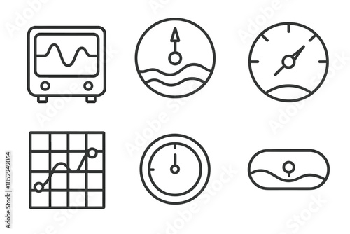 Nostalgia Tide Icons. Line style icons of nostalgia tide predictors: sentimental wave monitor, emotional tide clock, longing cycle