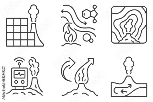 Thermal Vent Ecosystem Icons. Line style icons of thermal vent ecosystem mappers: deep-sea vent grid, hydrothermal flow chart,