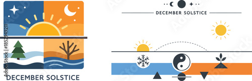 December Solstice Illustration Showing Seasonal Transition Light Balance Celestial Alignment Minimal Clean Winter Design