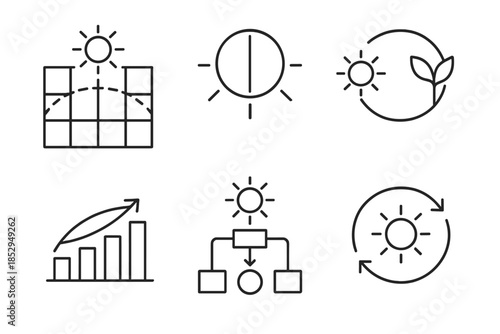 Natural Workflow Icons. Line style icons of natural workflow indicators: daylight path grid, reflective clarity marker, rhythm of
