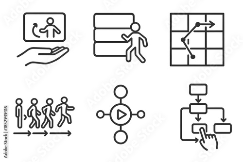 Skill Demonstration Icons. Line style icons of skill demonstration overlays: floating technique guide, layered instruction chart,