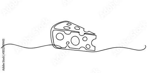 Сheese continuous one line drawing, Сheese in continuous line art drawing style. Wheel of cheese with holes and a piece cut from it. Minimalist black linear sketch isolated on white background. Vector