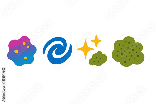 Nebula Cloud Icons. Solid style icons of nebula recollection clouds: colorful nebula, gas swirl, sparkles, cosmic dust, cloud