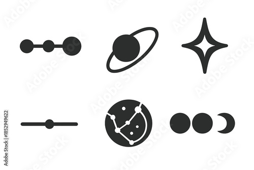 Astral Solid Icons. Solid style icons of astral timeline markers: planetary alignment, orbit path, glowing star, timeline line,