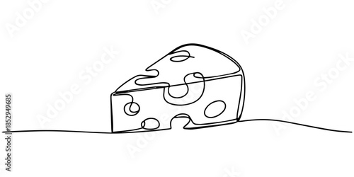 Сheese continuous one line drawing, Сheese in continuous line art drawing style. Wheel of cheese with holes and a piece cut from it. Minimalist black linear sketch isolated on white background. Vector