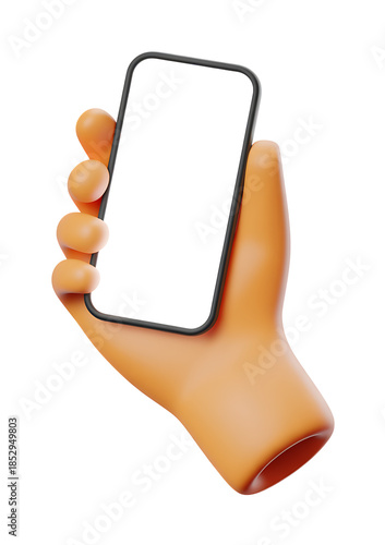 A vibrant orange cartoonish hand dramatically holding a sleek black smartphone with a blank screen