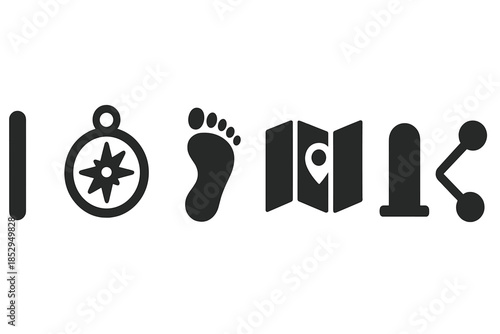 Journey Tools Icons. Solid style icons of aligned journey tools: straight path, compass, footprint, map, milestone icon,