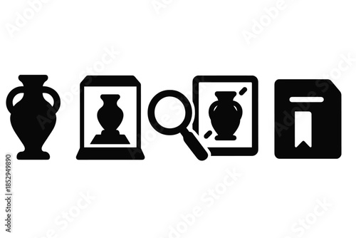 Heritage Preservation Icons. Solid style icons of heritage narrative guardianship: museum artifact, display case, magnifier,