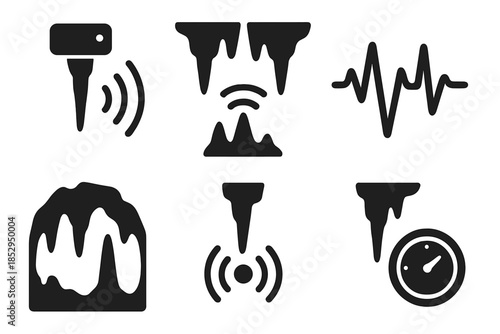 Solid Dripstone Measurement Icons. Solid style icons of dripstone frequency measurement: stalactite sensors, resonance lines,
