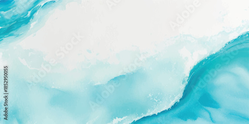 Abstract Blue Watercolor Ocean Waves Background with Liquid Motion and Summer Clouds