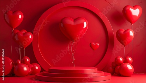 Romantic red circular podium with heart-shaped balloons and golden ring decoration for Valentine's Day product displays and luxury gift branding