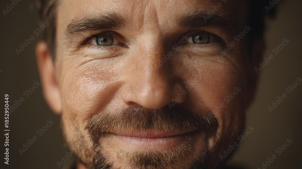 Fototapeta premium Close-up portrait of a mature man with a beard, smiling and looking directly at the camera.