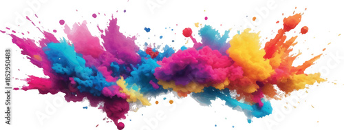 An artistic pattern of colorful ink splashes and watercolor paint splatters creates a vibrant grunge texture with pink drops and artistic stains on a paper backdrop element