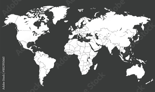creative World map template with continents, North and South America, Europe and Asia, Africa and Australia. Illustration of map of world on black background.