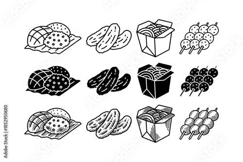 Fried banana, Mango sticky rice, Boxed noodle, and skewered snacks outline, silhouette and engraving style icon element set. Asian street snacks, Traditional food, Fried snacks, Street food sweet