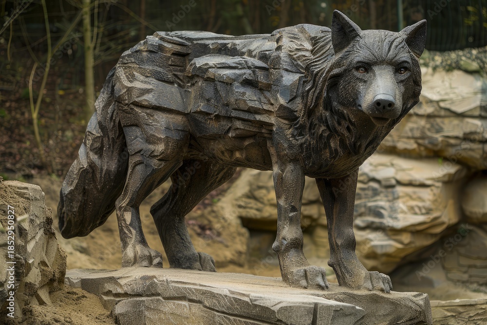 Obraz premium Detailed stone wolf sculpture standing in a rocky environment