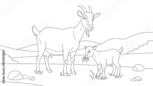 Goat Family Coloring Page Featuring Farm Animal Parent and Baby for Kids