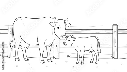 Cow Family Coloring Page Illustrating Farm Animal Parent and Calf for Children