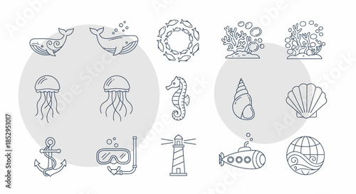 Set of marine life and nautical themed thin line icons.