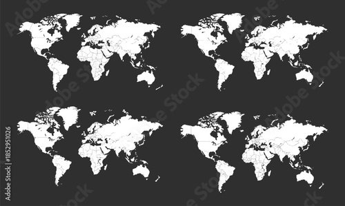 Illustration of map of world World map on black background. World map template with continents, North and South America, Europe and Asia, Africa and Australia.