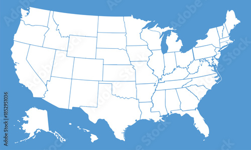 USA map with states isolated on a blue background. United States of America map. Vector illustration, United States of American Map Blue background.