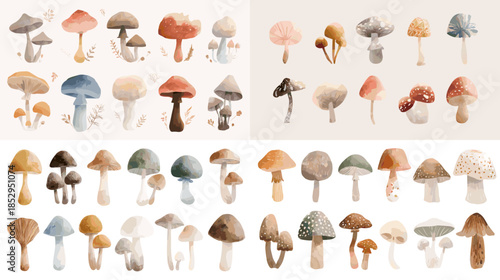 Whimsical mushroom illustration set featuring varied shapes textures and earthy colors inspired by forest nature fantasy and botanical themes for children education and creative design projects