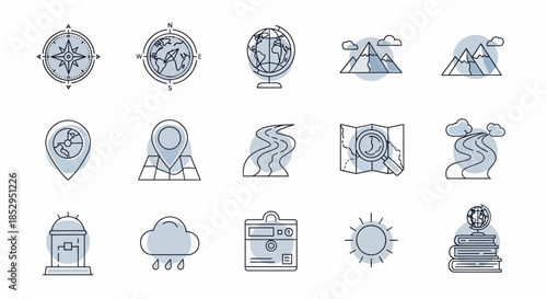 Set of fifteen travel, geography, and weather line art icons.