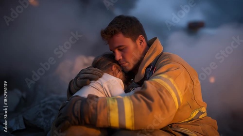 Firefighter kneeling while rescuing a small child from a smoke-filled building — a deeply emotional and hopeful image representing compassion, sacrifice, and humanity in crisis moments. cinematic