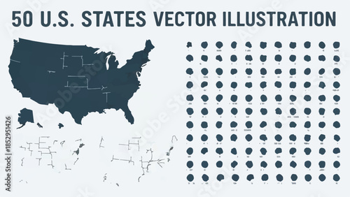 United States Map and All 50 U.S. State Shapes Vector Illustration