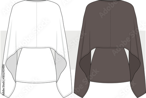 Women's Shawl Dress Fashion Technical Drawing, Illustration. Stylish Dress Vector, Front View. CAD, Mockup.